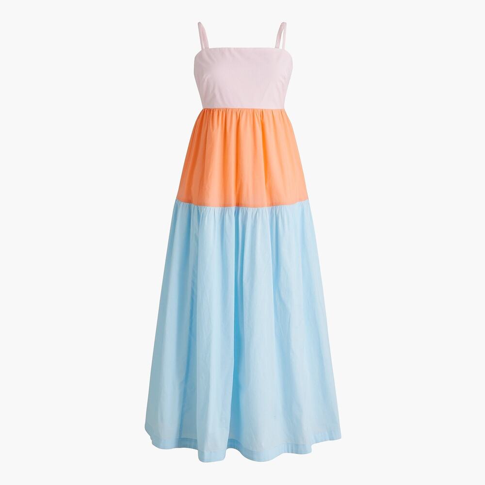 [J. Crew Factory] Colorblock Pink Orange Blue Tiered Maxi Dress Pockets 10 NWT